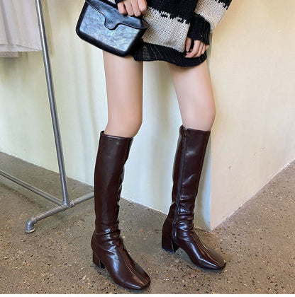 Knee High Square Leather Boots-Luxandluxy