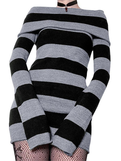 Knitted Off-Shoulder Long Sleeve Striped Mini Dress-Luxandluxy