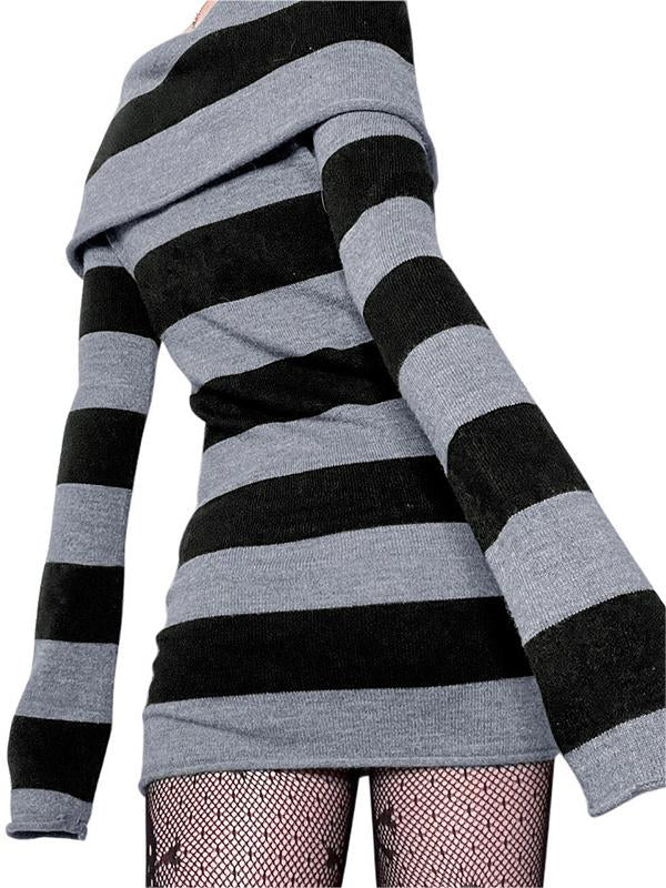 Knitted Off-Shoulder Long Sleeve Striped Mini Dress-Luxandluxy