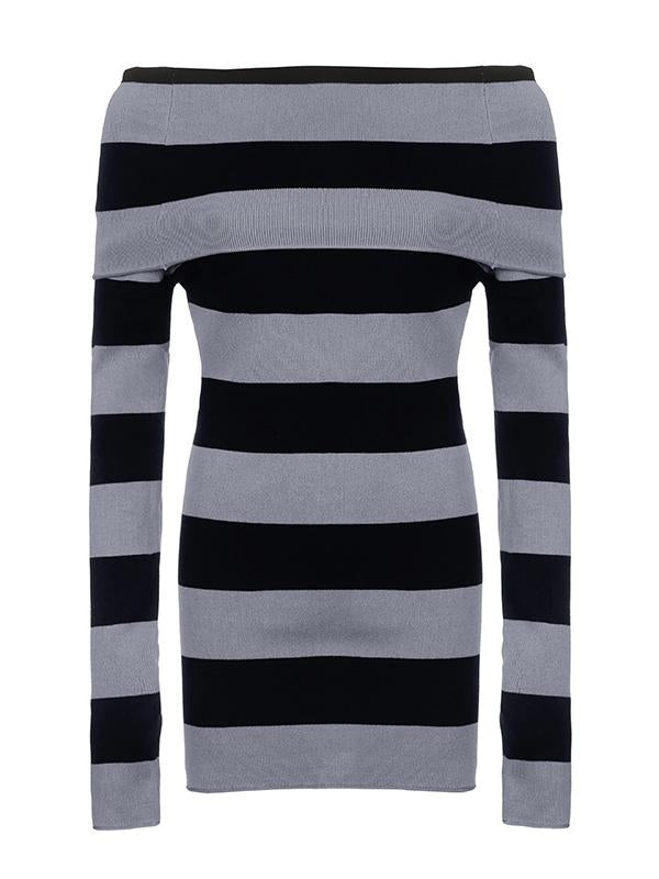 Knitted Off-Shoulder Long Sleeve Striped Mini Dress-Luxandluxy