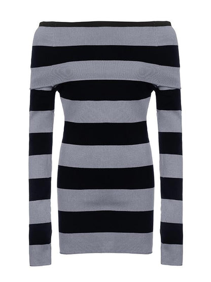 Knitted Off-Shoulder Long Sleeve Striped Mini Dress-Luxandluxy