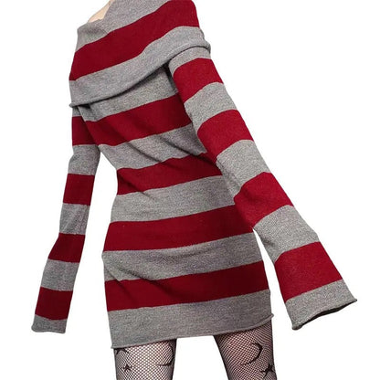 Knitted Off-Shoulder Long Sleeve Striped Mini Dress-Luxandluxy