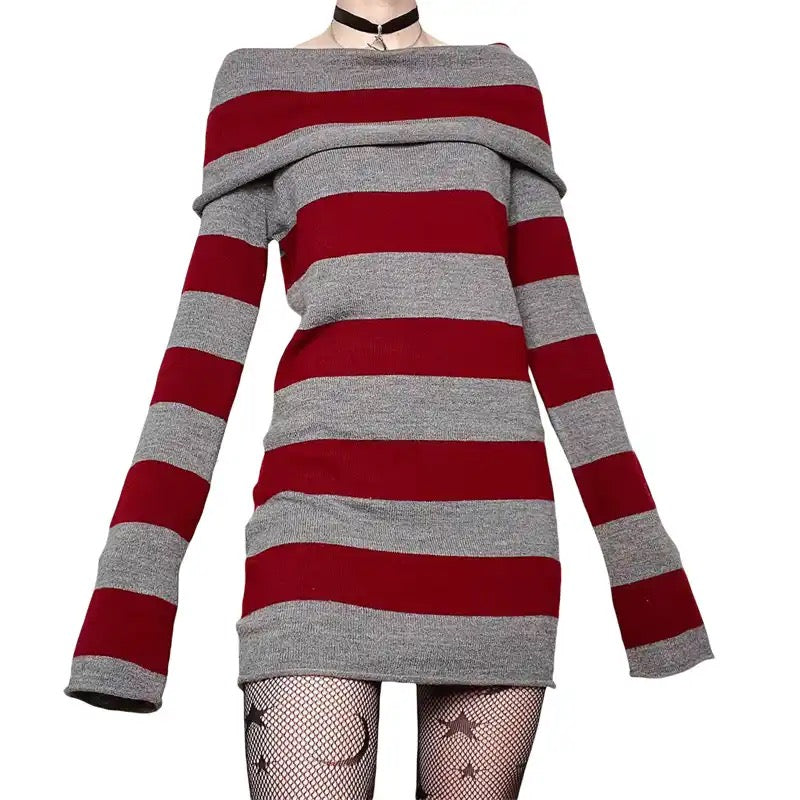 Knitted Off-Shoulder Long Sleeve Striped Mini Dress-Luxandluxy