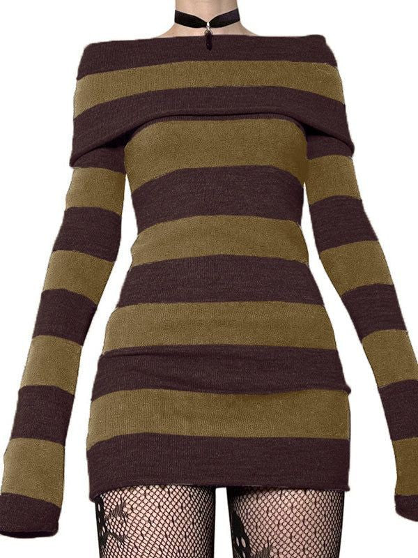 Knitted Off-Shoulder Long Sleeve Striped Mini Dress-Luxandluxy