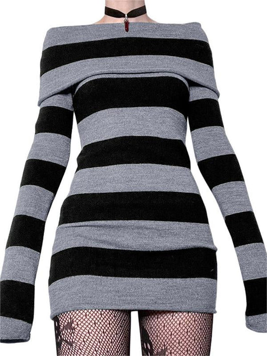 Knitted Off-Shoulder Long Sleeve Striped Mini Dress-Luxandluxy