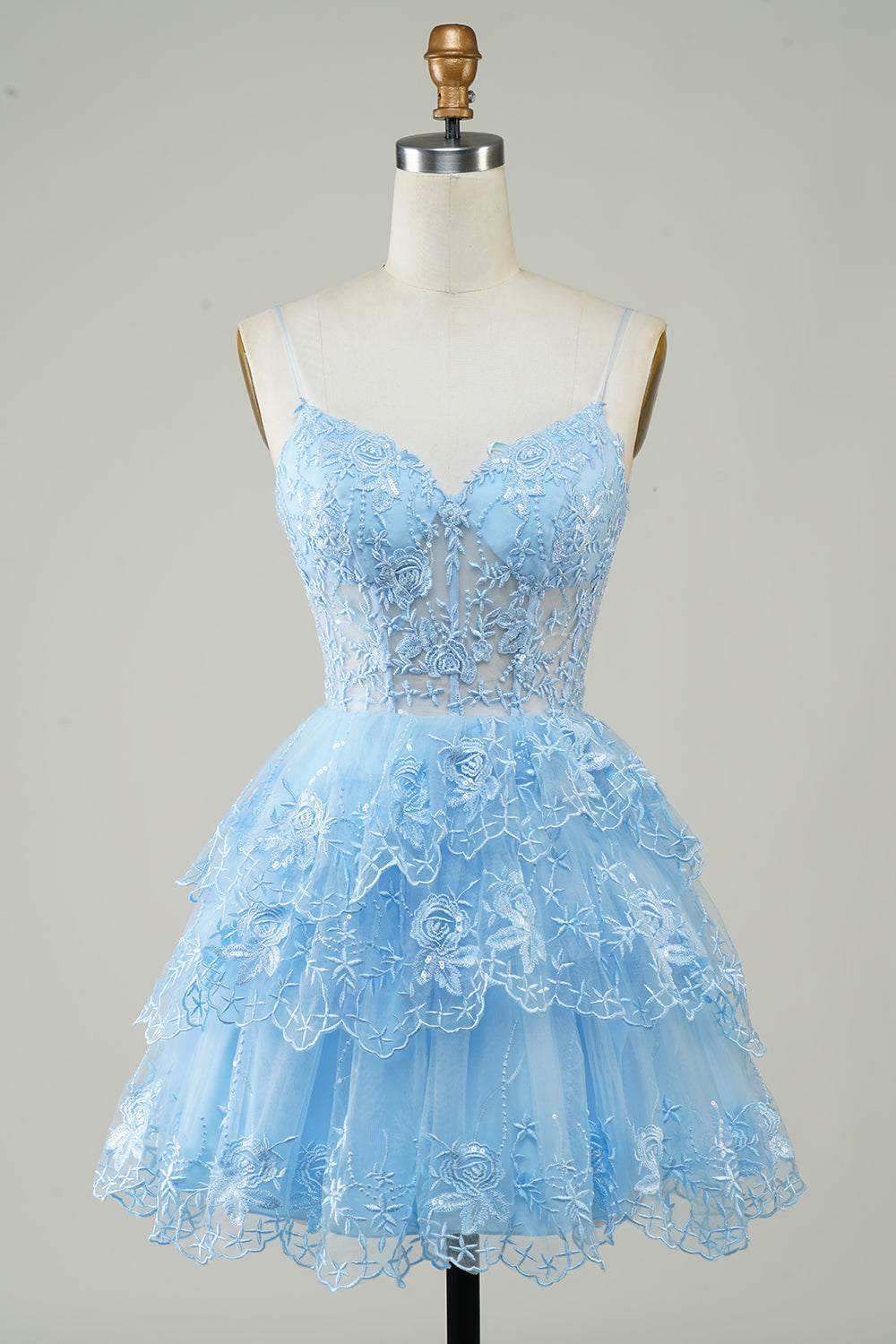 Lace Applique Tiered Tulle Corset Mini Dress-Luxandluxy