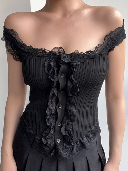 Lace Ruffle Button-Up Tank Top-Luxandluxy