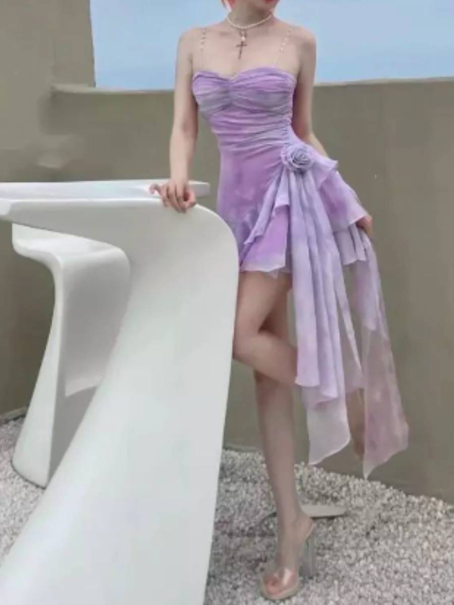 Lilac Ruffles Assymetric Flower Mini Dress (PRE-ORDER)-Luxandluxy