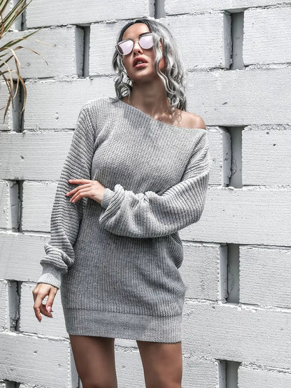 Loose Round Neck Solid Sweater Dress-Luxandluxy