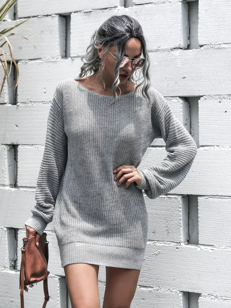 Loose Round Neck Solid Sweater Dress-Luxandluxy