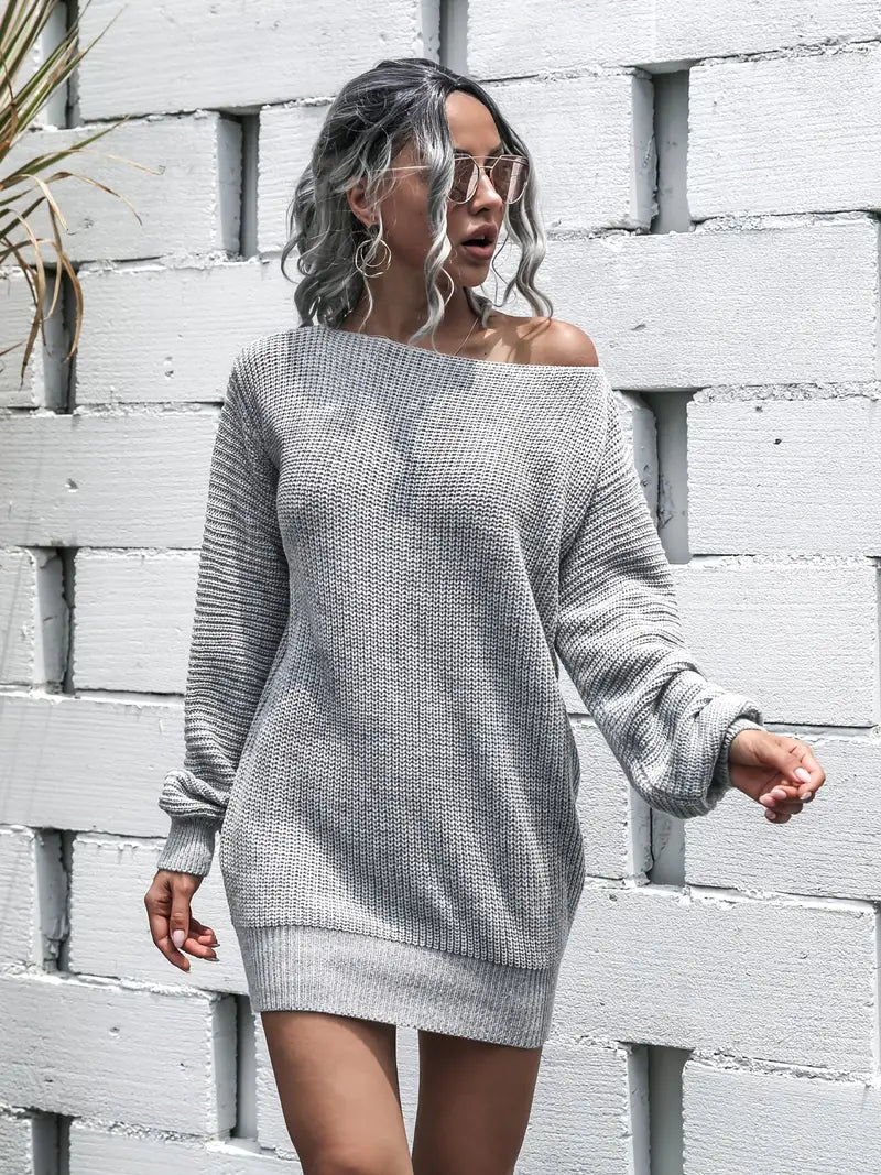 Loose Round Neck Solid Sweater Dress-Luxandluxy