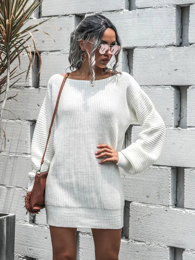 Loose Round Neck Solid Sweater Dress-Luxandluxy