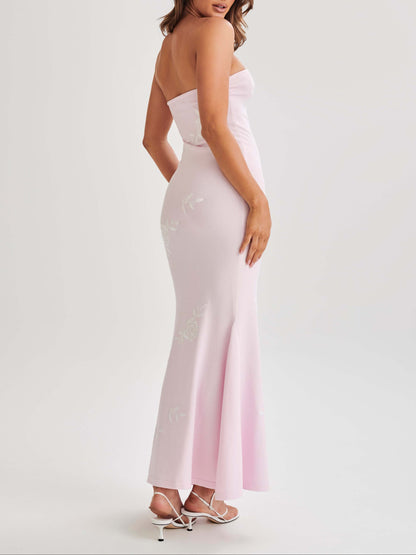 Lorelai Strapless Rose Knit Maxi Dress-Luxandluxy