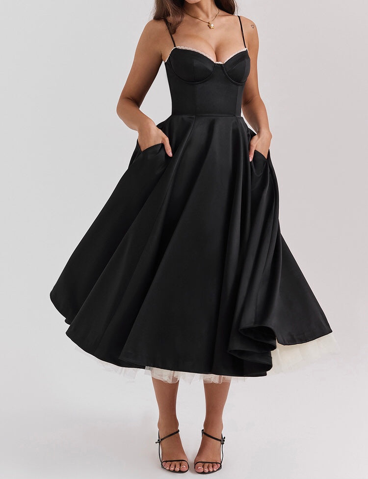 ‘Madamoiselle’ Black Tulle Midi Dress-Luxandluxy