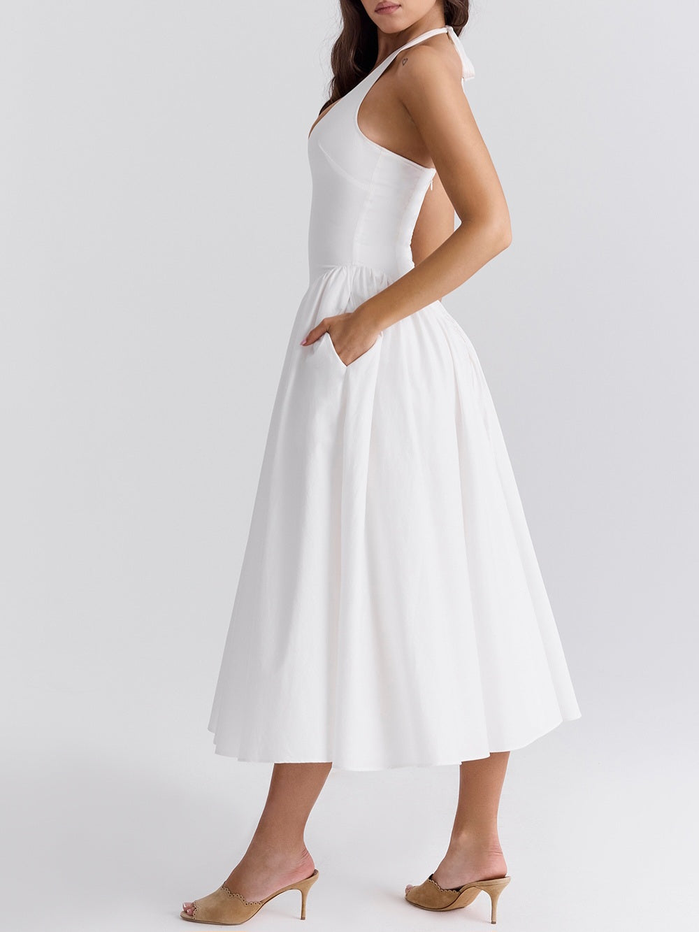 Marilyn White Cotton Halter Midi Sundress-Luxandluxy