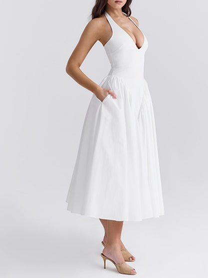 Marilyn White Cotton Halter Midi Sundress-Luxandluxy