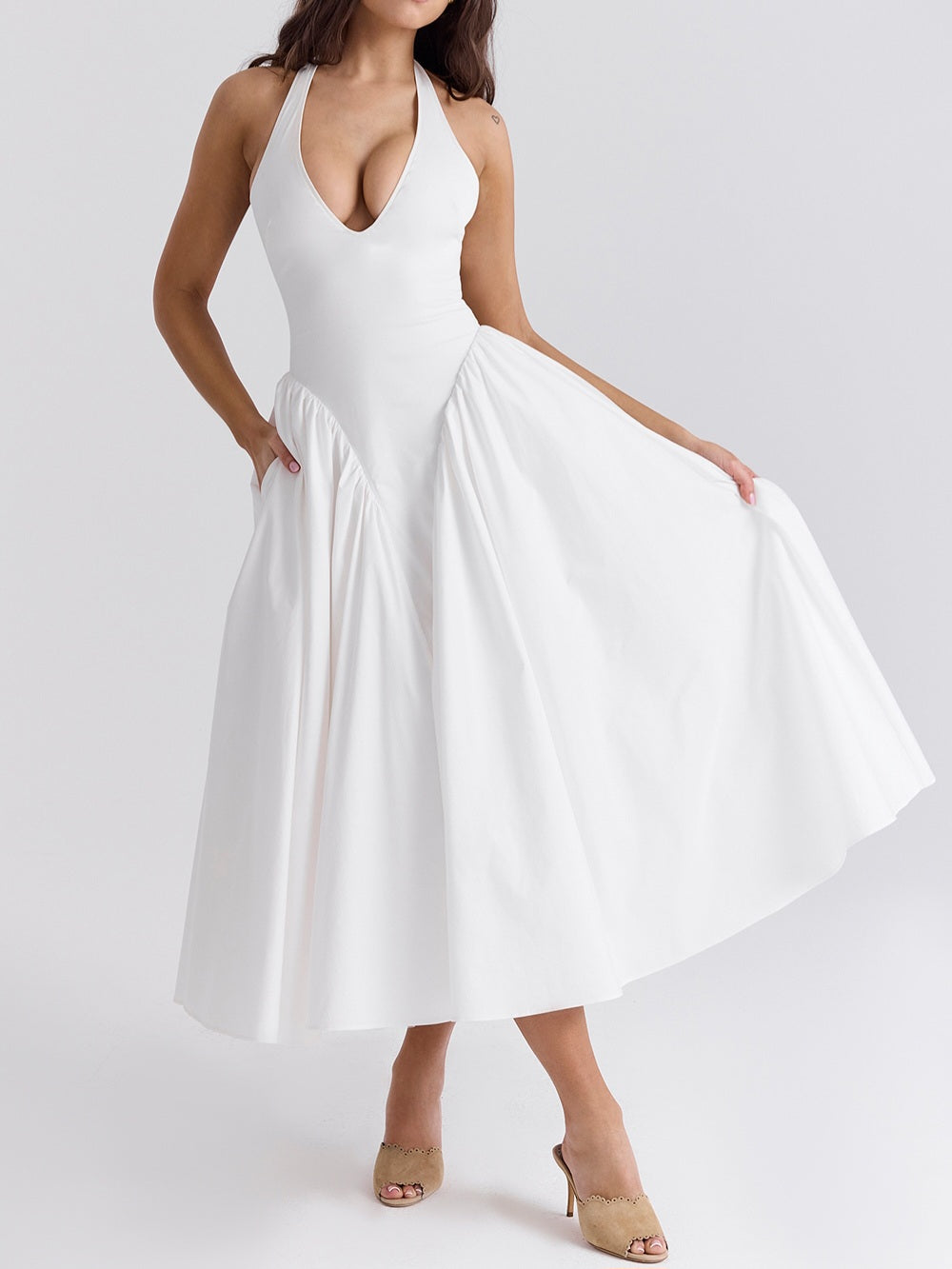 Marilyn White Cotton Halter Midi Sundress-Luxandluxy