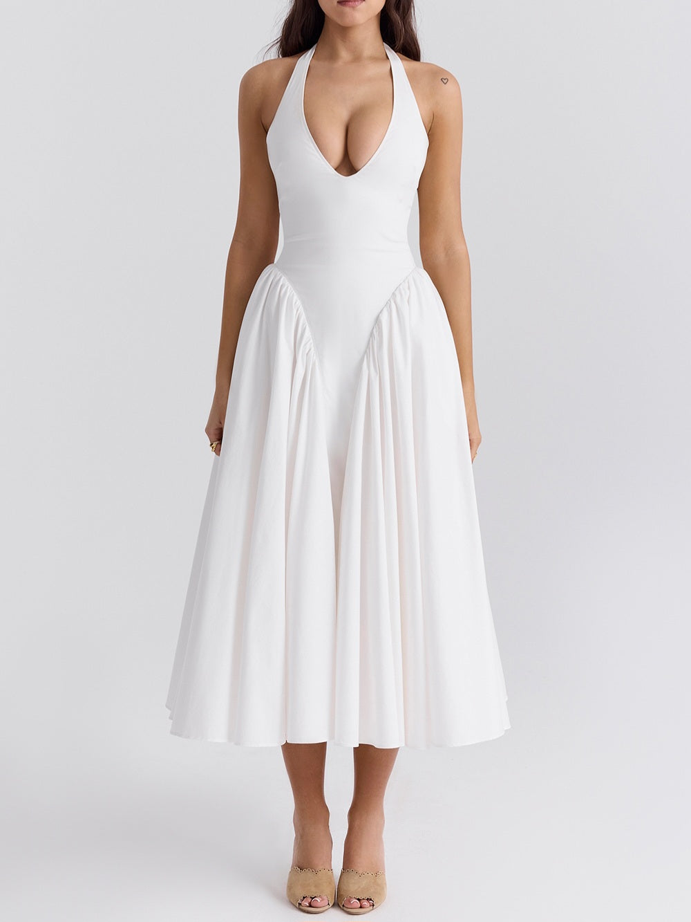 Marilyn White Cotton Halter Midi Sundress-Luxandluxy