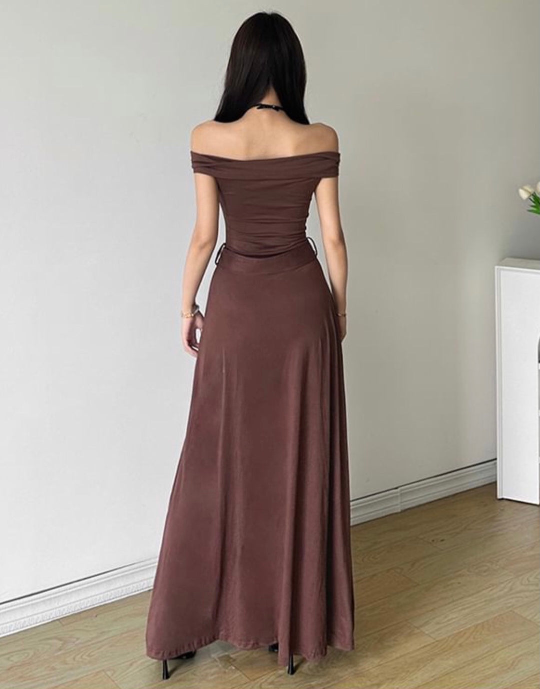 Medieval Off-Shoulder Belted Slit Dress-Luxandluxy