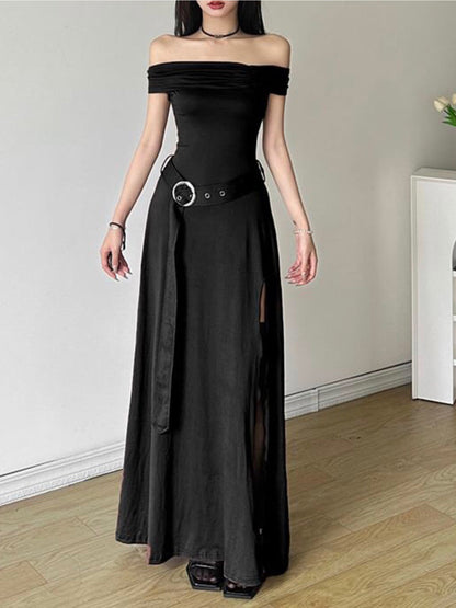 Medieval Off-Shoulder Belted Slit Dress-Luxandluxy