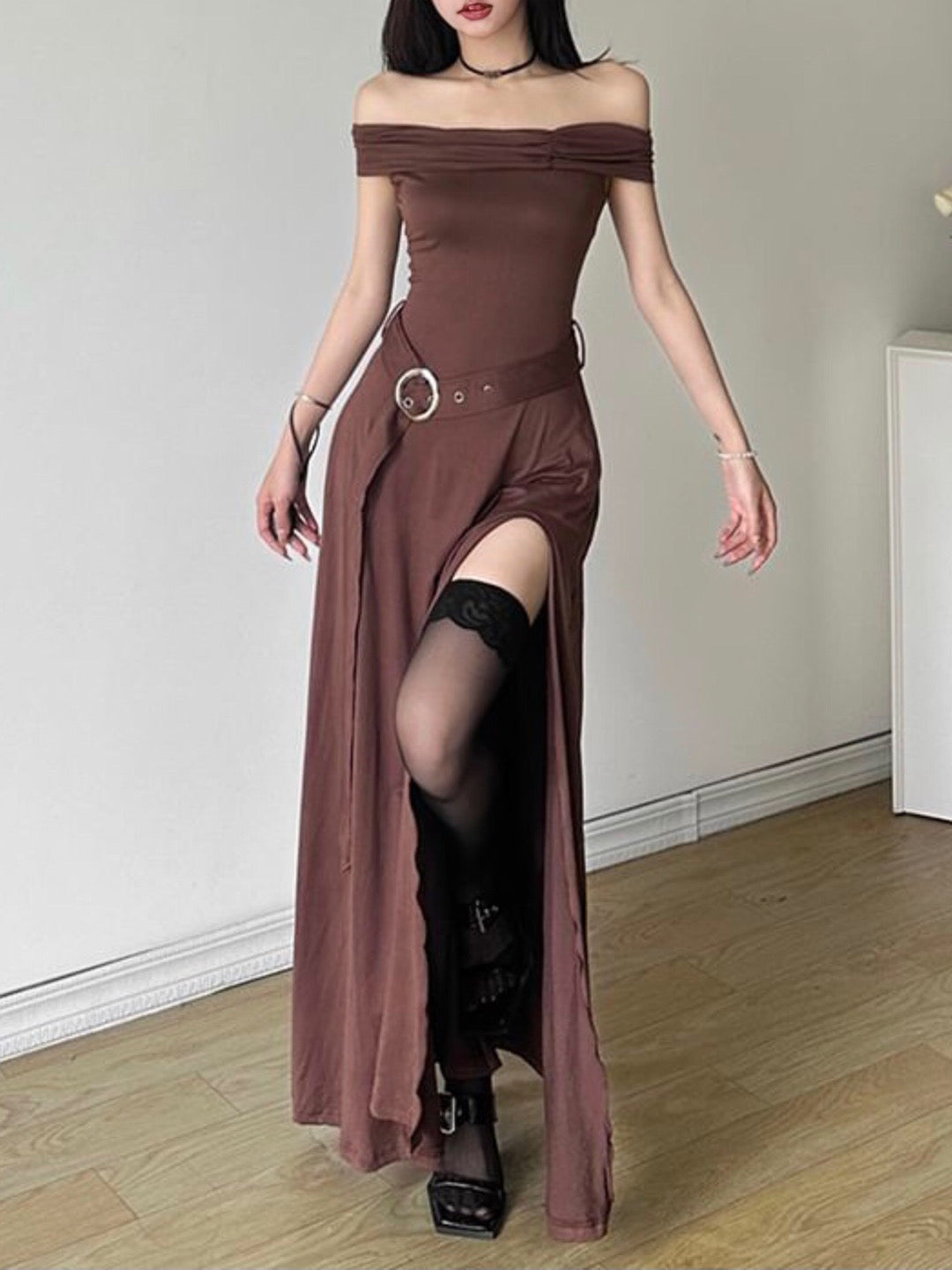 Medieval Off-Shoulder Belted Slit Dress-Luxandluxy