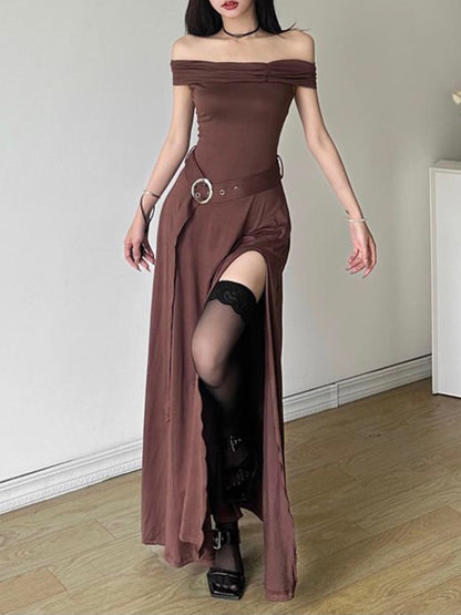 Medieval Off-Shoulder Belted Slit Dress-Luxandluxy