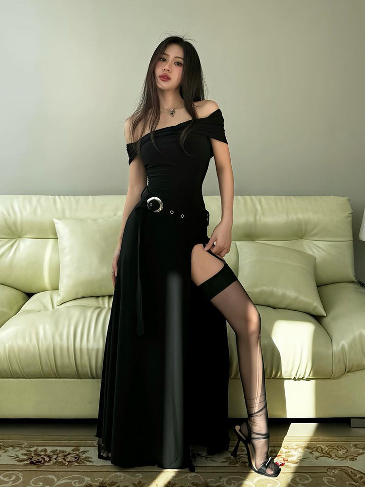 Medieval Off-Shoulder Belted Slit Dress-Luxandluxy