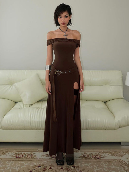 Medieval Off-Shoulder Belted Slit Dress-Luxandluxy