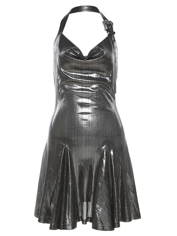 Metallic Cowl Halter Neck Pleated Mini Dress-Luxandluxy