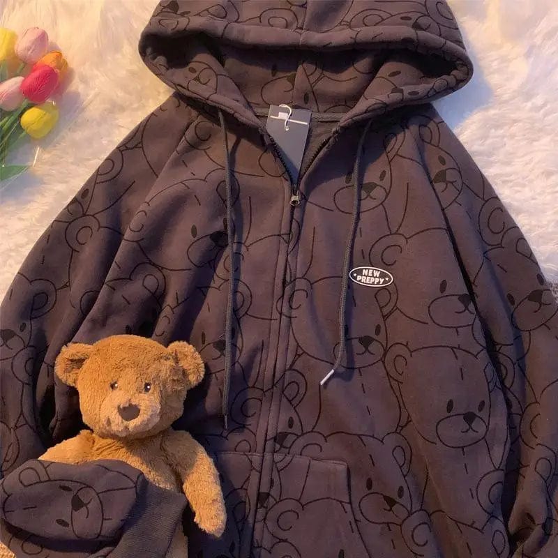 New Preppy Bear Print Hoodie-Luxandluxy