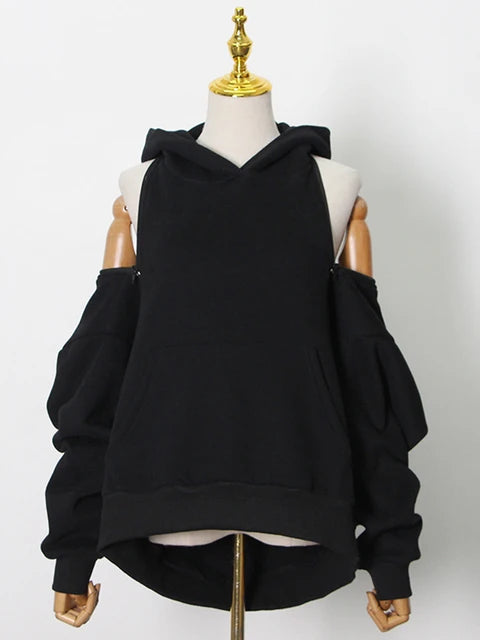 Off Shoulder Cut Out Hoodie-Luxandluxy