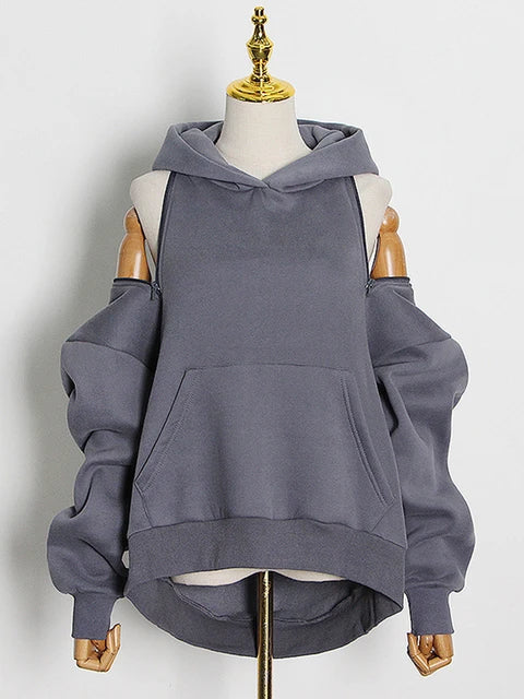 Off Shoulder Cut Out Hoodie-Luxandluxy