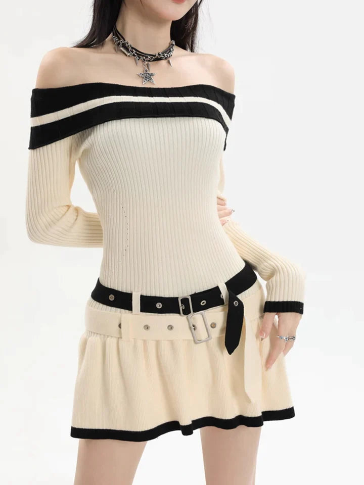 Off Shoulder Double Belt Knit Dress-Luxandluxy