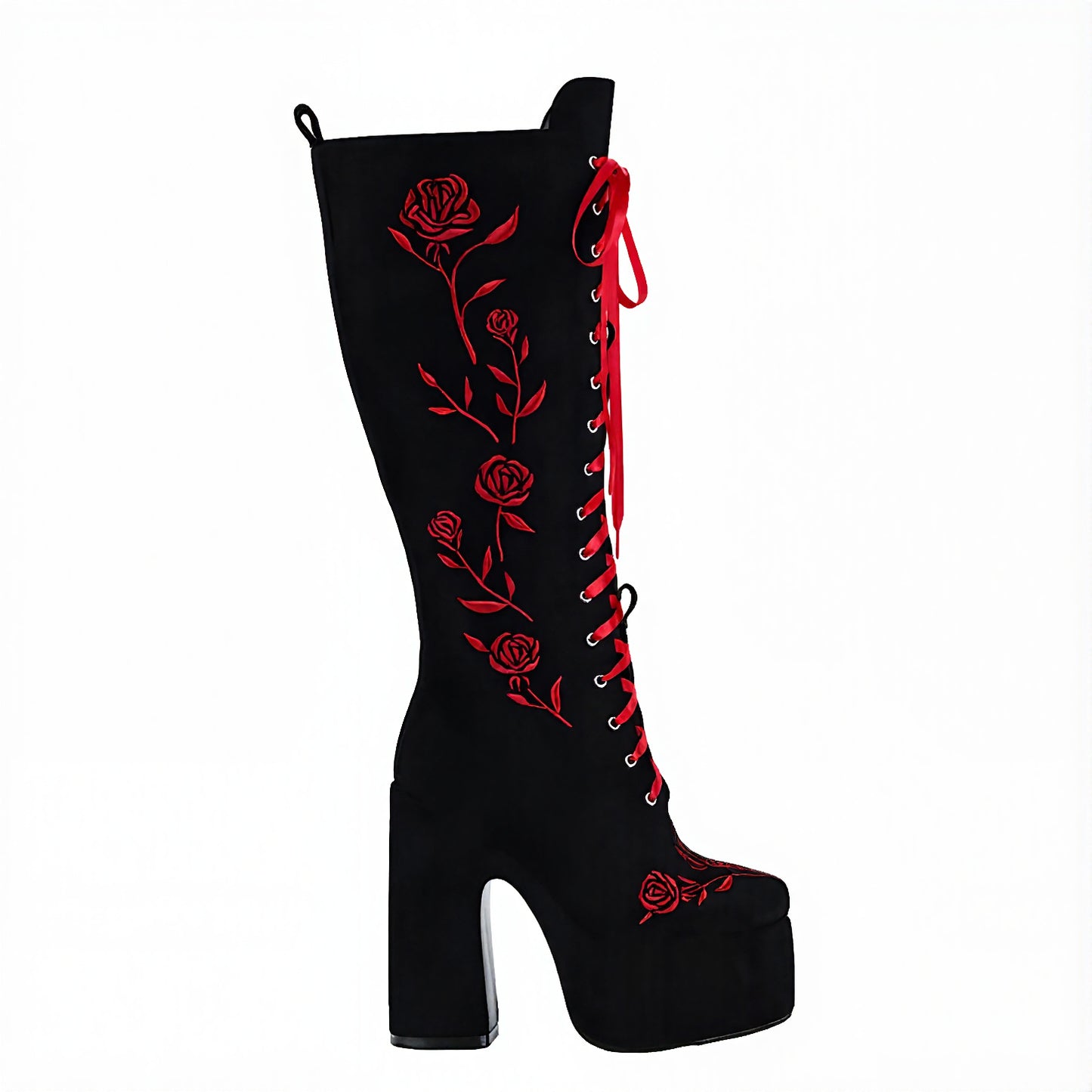 Red Rose Embroidery Knee High Platform Boots