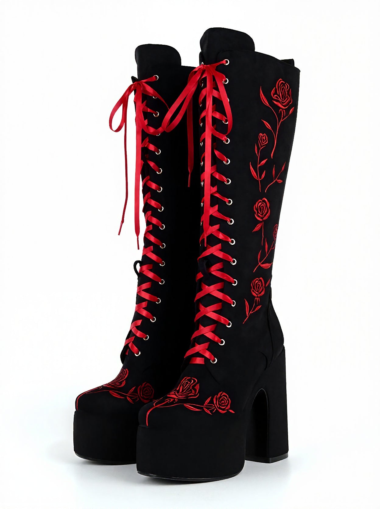 Red Rose Embroidery Knee High Platform Boots