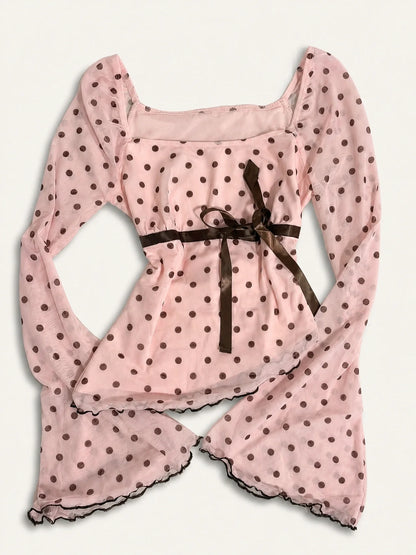 Ribbon Girl Long Sleeve Polka Top
