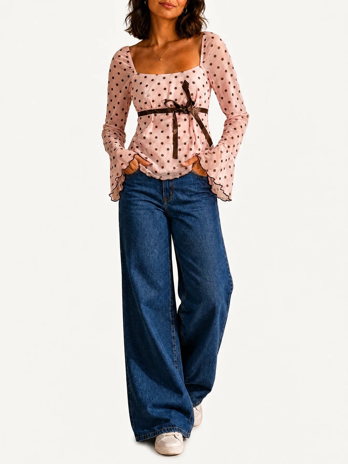 Ribbon Girl Long Sleeve Polka Top