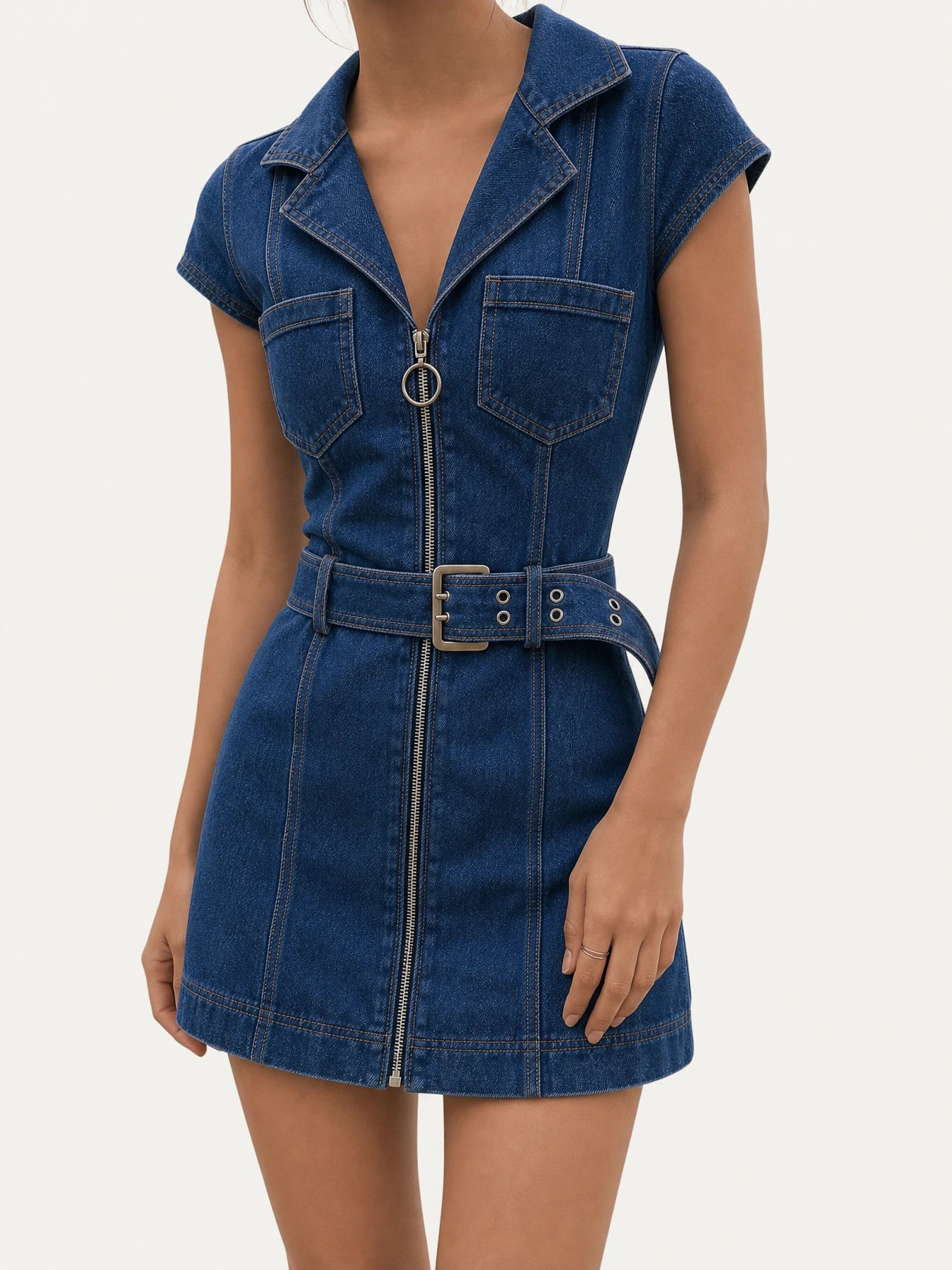 Denim Belted Front Zip Mini Dress