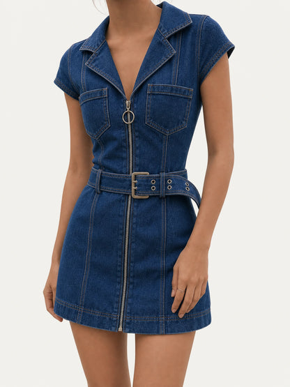 Denim Belted Front Zip Mini Dress