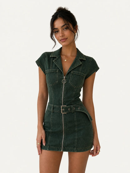 Denim Belted Front Zip Mini Dress