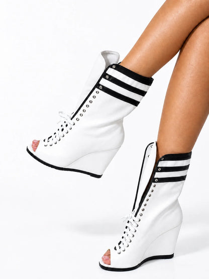 Open-Toe Striped Wedge Booties