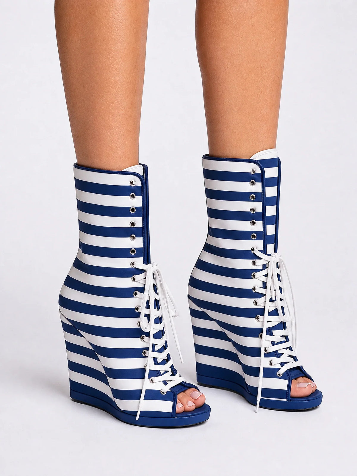Open-Toe Striped Wedge Booties