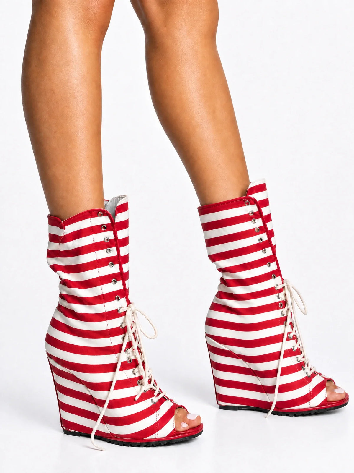 Open-Toe Striped Wedge Booties