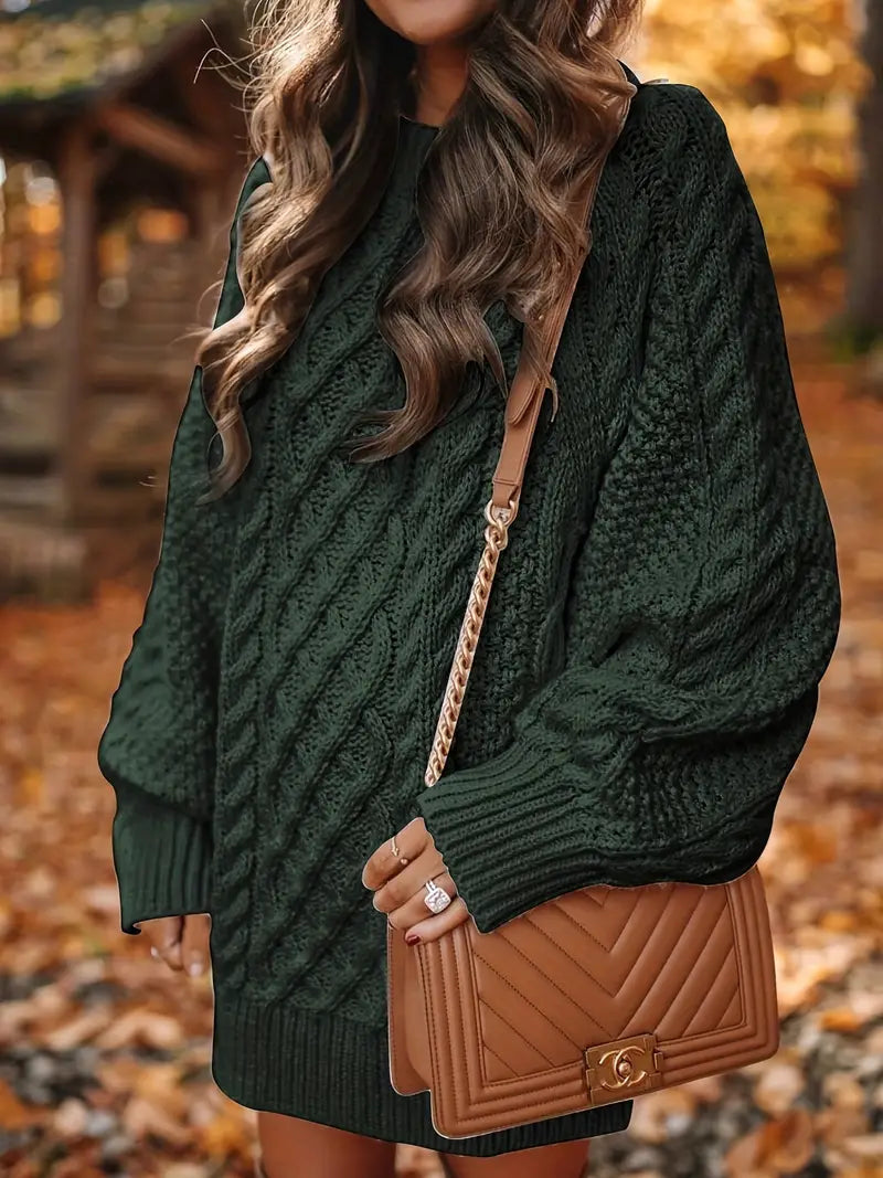 Oversized Cable Knit Sweater Dress-Luxandluxy