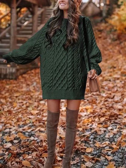 Oversized Cable Knit Sweater Dress-Luxandluxy