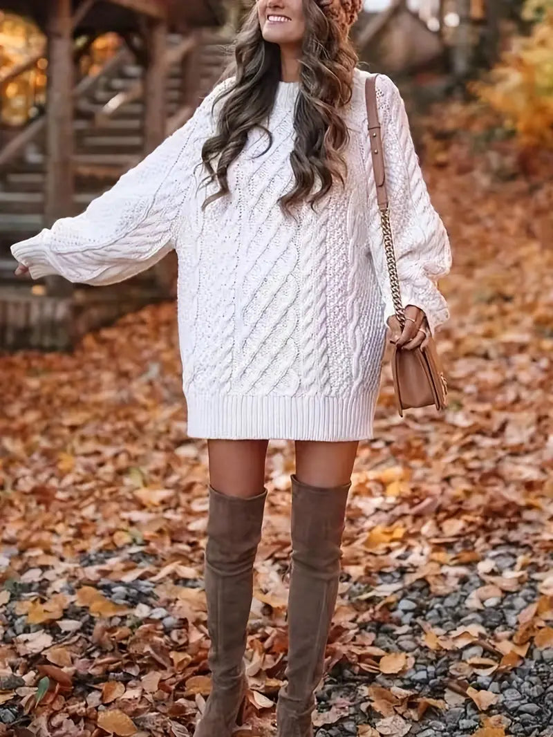 Oversized Cable Knit Sweater Dress-Luxandluxy