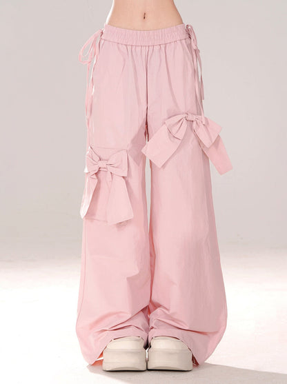 Pink Bow Elastic Waist Wide Leg Pants-Luxandluxy