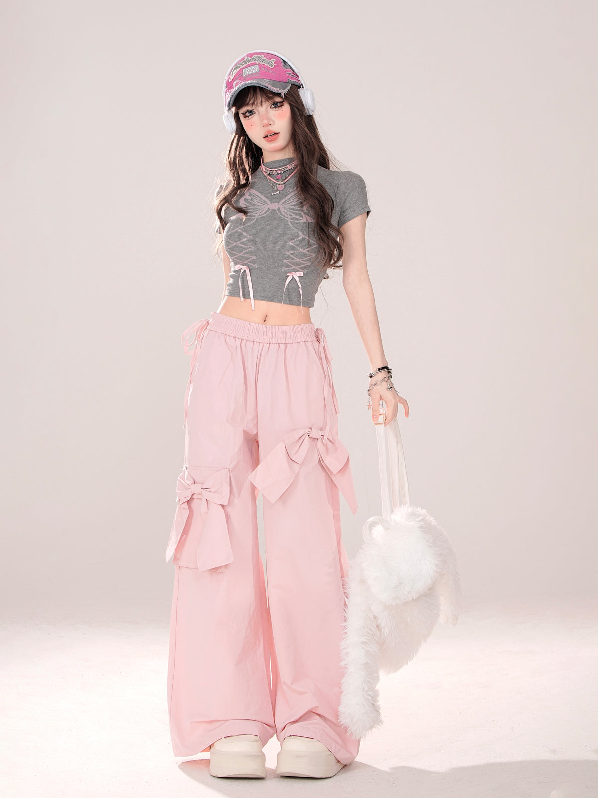 Pink Bow Elastic Waist Wide Leg Pants-Luxandluxy