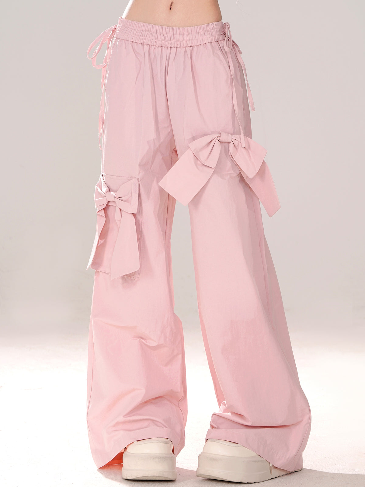 Pink Bow Elastic Waist Wide Leg Pants-Luxandluxy