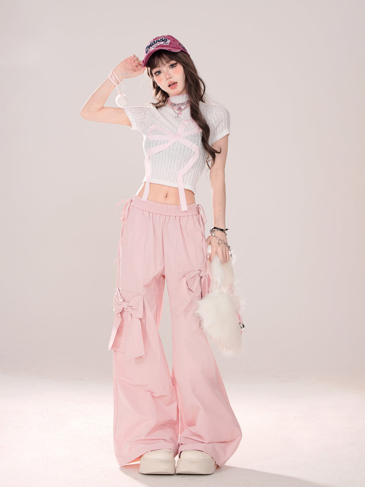 Pink Bow Elastic Waist Wide Leg Pants-Luxandluxy